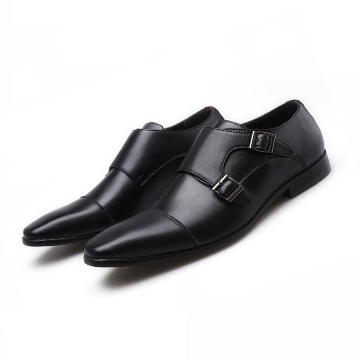 Mens Double Buckle |  Men’s Polished Black Leather Double-Buckle Shoe Mens Double Buckle