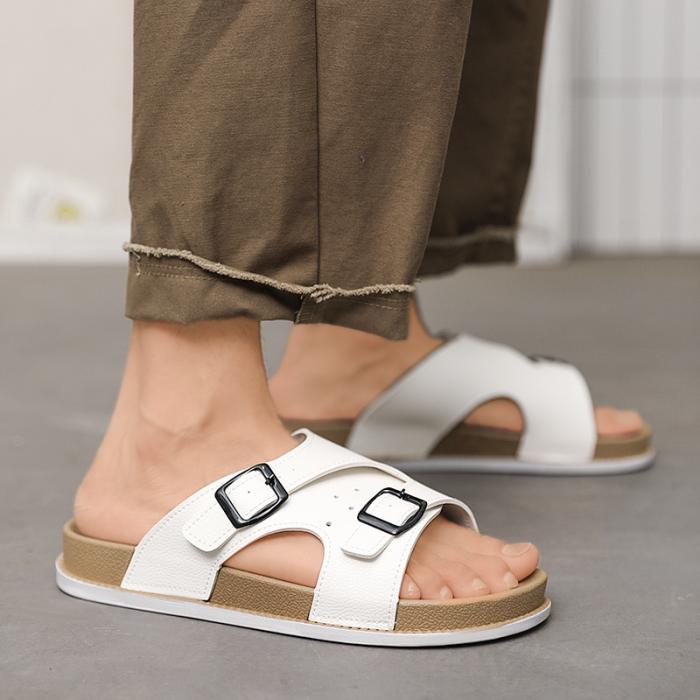 Mens Sandals |  Men’s White Leather Double-Buckle Sandal Mens Mens